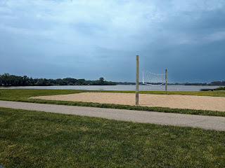 sand volleyball court and swim beach on Robbins Island in Willmar, MN